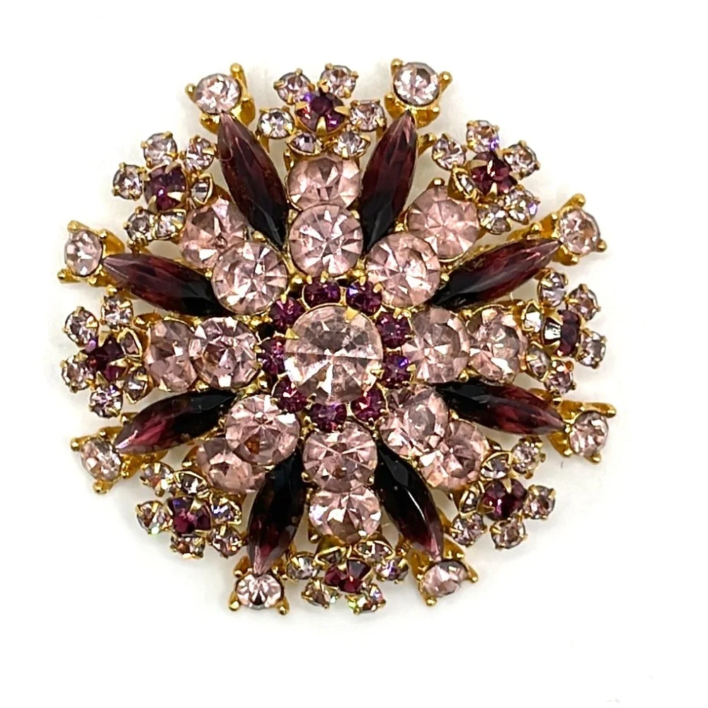 Vintage Pale Pink Deep Purple Rhinestone Sunburst Pin Brooch